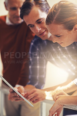 Buy stock photo Business people, tablet and meeting at office for online research, social media or communication. Professional employees, technology and discussion for feedback, reading email or idea for job