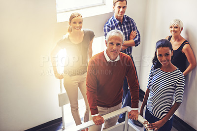 Buy stock photo Staircase, smile and portrait of business people in office with diversity, confidence and collaboration. Team, graphic designer and face with happiness for pride, creative partnership or work project