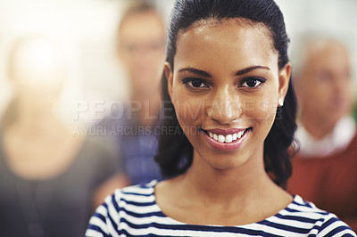 Buy stock photo Woman, portrait and smile in office with pride for corporate, company and internship in agency. Professional person, happy and face with confidence for job, training and new experience at work