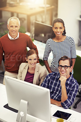 Buy stock photo Diverse group, coworker and smile with computer at office for teamwork, strategy and planning for work. From above, happy and satisfied with collaboration as group for project in startup business.