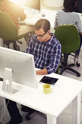 Buy stock photo Businessman, typing and planning on computer in office, online and check email for networking. Male person, coworking space and project or proposal, report and website for research at creative agency
