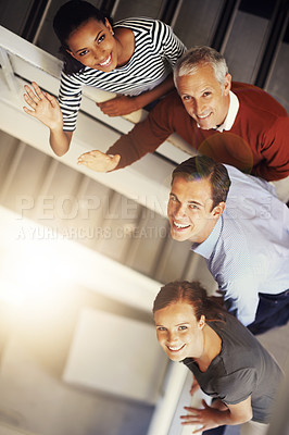 Buy stock photo Portrait, stairs and business people with teamwork, sunshine and collaboration with diversity and PR consultant. Lens flare, group and employees with cooperation or steps with agency, wave or startup