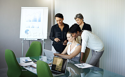 Buy stock photo Meeting, presentation and business people with statistics in discussion, talking and collaboration. Teamwork, corporate office and women with laptop, graph and chart for planning, review and research