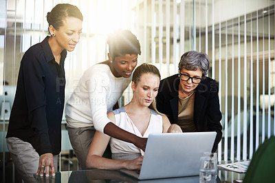 Buy stock photo Teamwork, employees and women with a laptop, conversation and planning for new project. Female professional, workers and ladies brainstorming, technology or data analysis for profit growth or startup