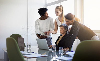 Buy stock photo Business people, laptop and meeting for web design with discussion, team in boardroom with software and creative project. Collaboration, technology and group at digital agency for website development