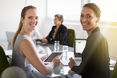 Buy stock photo Portrait, tech and women at meeting together with smile, teamwork and confidence in conference room. Business, girl power and happy collaboration with tablet, laptop and opportunity for entrepreneur