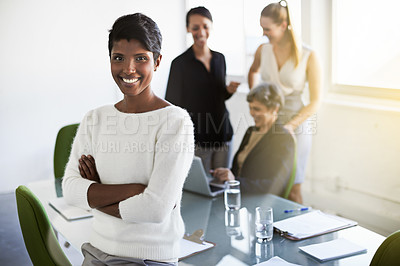 Buy stock photo Confidence, leader and portrait of a woman in a business meeting in a modern corporate office. Happy, success and professional Indian female manager standing with crossed arms in workplace boardroom
