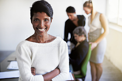 Buy stock photo Smile, leadership and portrait of a businesswoman in a meeting in a modern corporate office. Happy, success and professional Indian female manager standing with crossed arms in workplace boardroom.