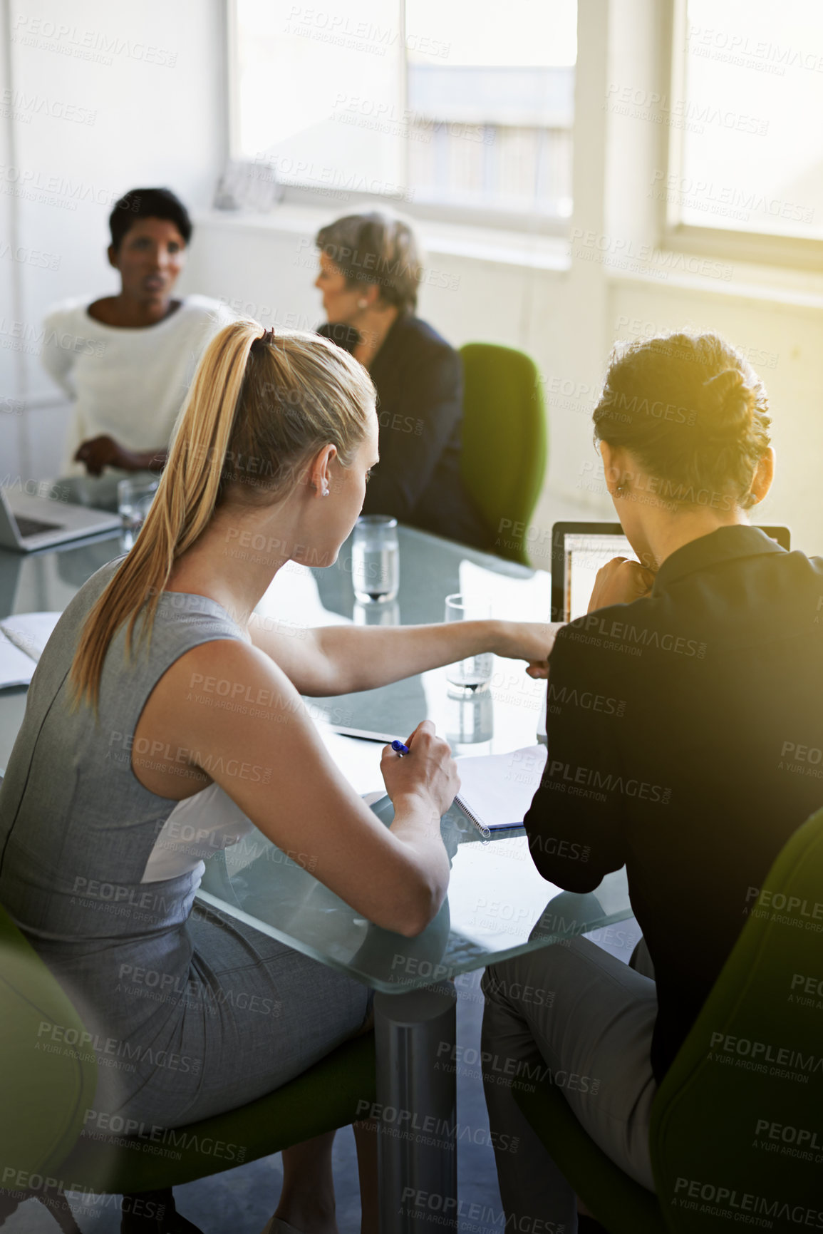 Buy stock photo Discussion, meeting and business women on laptop for research, website review and online project. Company startup, corporate and people on computer for planning, teamwork and collaboration in office
