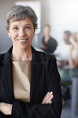 Buy stock photo Portrait, ceo and senior woman in office, workspace and employer for corporate career with staff or coworking. Leadership, executive and manager for business, banking job and investment company
