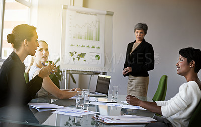 Buy stock photo Business people, meeting and data analytics on board with talking, market research with stats and info for review. Analysis, team and numbers for growth in company, graphs and charts in boardroom 