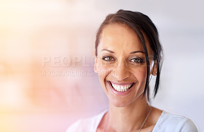 Buy stock photo Woman, portrait and smile for small business, entrepreneur and proud of startup company. Female person, blurred background and happy on mockup space, designer and confident for career opportunity