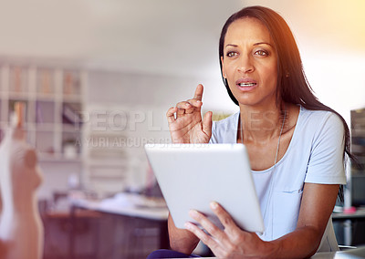 Buy stock photo Fashion, thinking and woman with tablet in office for stock, cargo or e commerce checklist. Idea, solution or designer with app for procurement search, shipping or online shopping, delivery or order