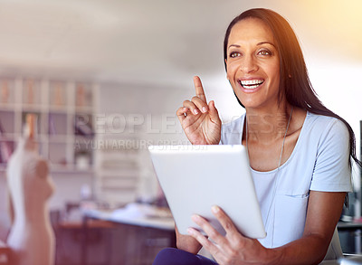 Buy stock photo Thinking, fashion and woman with tablet in office for stock, cargo or e commerce checklist. Idea, solution or designer with app for procurement search, shipping or online shopping, delivery or order