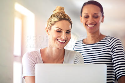 Buy stock photo Creative women, planning and teamwork on laptop for business collaboration, copywriting and project in startup office. Happy professional people, writer or editor reading on computer or social media