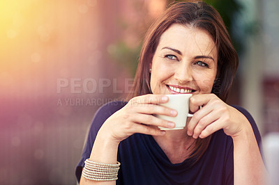 Buy stock photo Woman, thinking and relax with coffee at cafe and planning future holiday or vacation in city. Happy, customer and enjoy drink of espresso, latte or tea at outdoor restaurant in morning with ideas