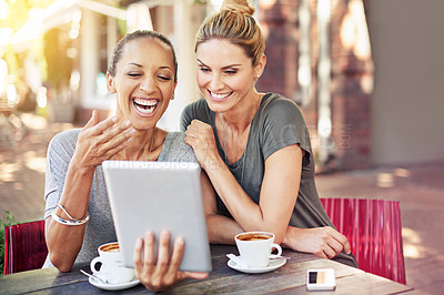 Buy stock photo Cafe, women and laugh together with tablet for social media meme or online joke, video and bonding for friendship. Female friends, digital technology and browse internet, website and coffee outdoors.
