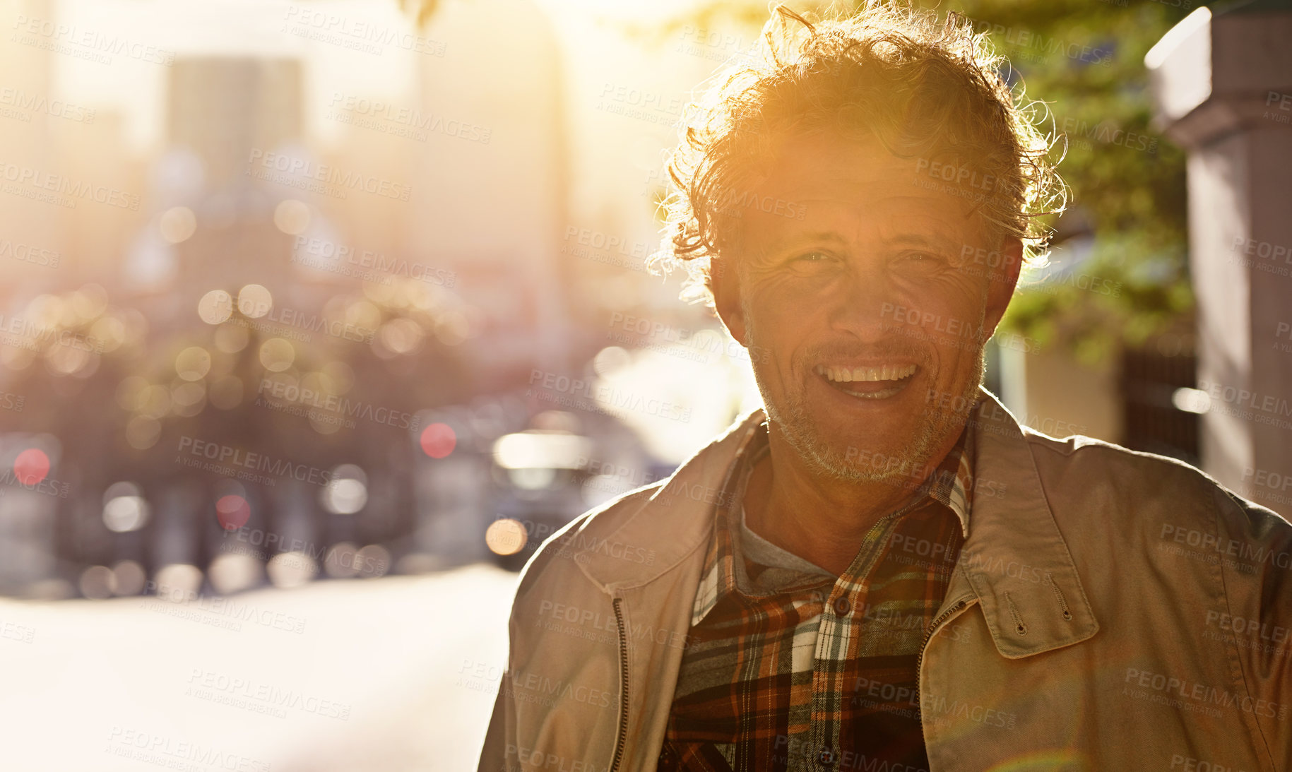 Buy stock photo Portrait of a happy mature man in the city