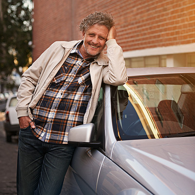 Buy stock photo Man, portrait and smile at car in city for relax road trip or weekend commute, downtown or urban. Mature, male person and face at transportation for tourism adventure in New York, vehicle or vacation