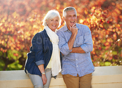 Buy stock photo Portrait, autumn and senior couple together in nature, park or vineyard or happy, marriage in retirement or thinking, love or countryside happiness. Elderly people, smiling in fall and bokeh 