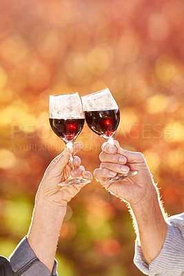 Buy stock photo Cropped shot of an unrecognizable couple toasting on a wine farm