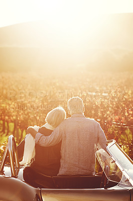 Buy stock photo Rearview shot of a senior couple looking out over the winelands