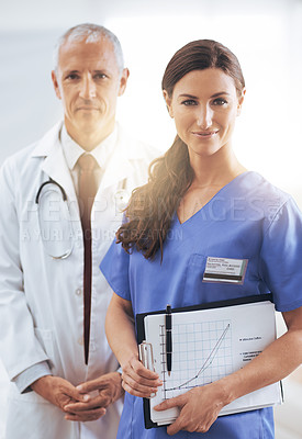 Buy stock photo Doctor, nurse and happy with partner in portrait with documents, charts and wellness in hospital. Medic, man and woman in team with graph paper for healthcare services in clinic with pride for job