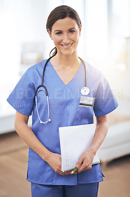 Buy stock photo Portrait, nurse and happy woman in hospital with document for healthcare, wellness or career in Spain. Smile, medical professional and surgeon with paperwork, employee or expert doctor in clinic