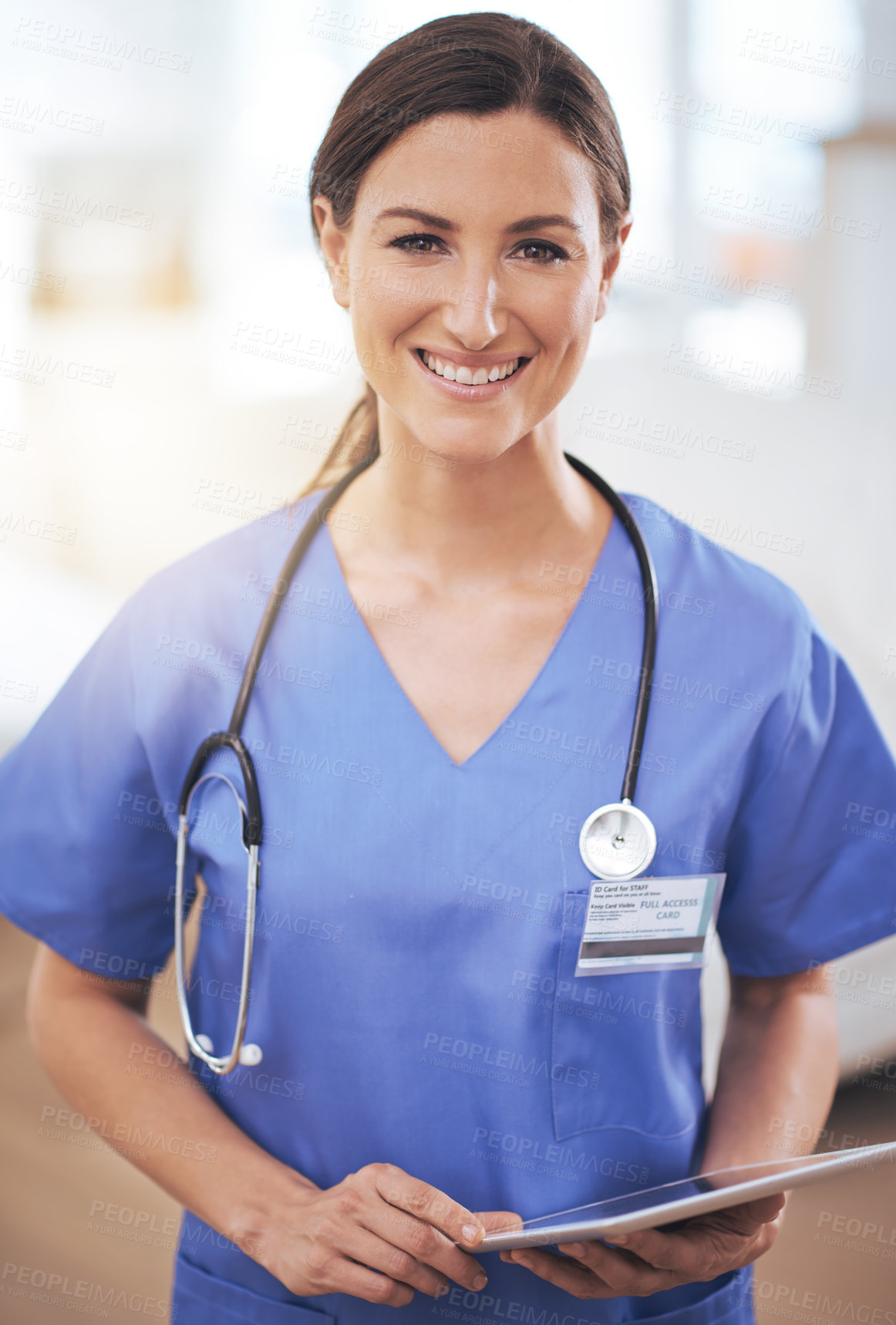 Buy stock photo Portrait, tablet and doctor in scrubs for medical results, information or health insurance. Hospital, lens flare and female professional with technology for smile, care and support in clinic