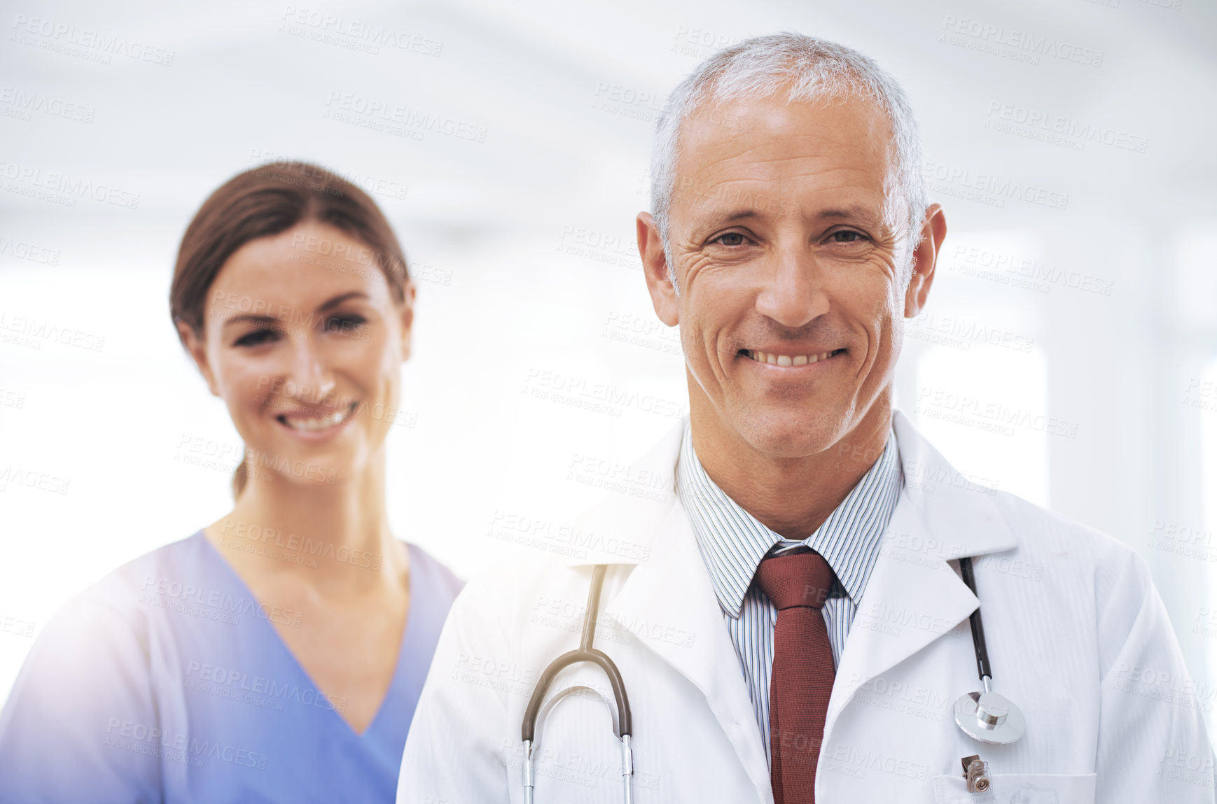 Buy stock photo Portrait of two friendly medical professionals