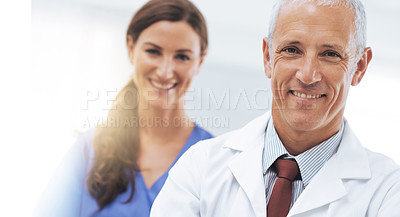 Buy stock photo Doctor, man and woman in portrait with arms crossed for health, wellness and team in hospital. Mature healthcare expert, nurse and professional with medical knowledge, leadership and smile in clinic