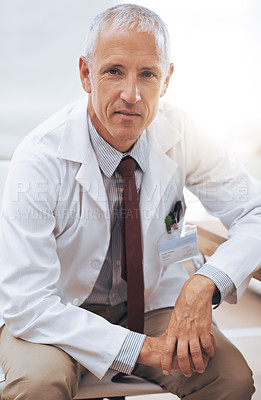 Buy stock photo Portrait, senior doctor and serious man in hospital for healthcare, wellness or working in Australia for career. Confidence, medical professional or surgeon, expert or physician in clinic for service