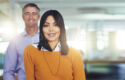 Buy stock photo Professional, consultant and portrait of woman coworking in call center or confident in networking. Happy, employees and office worker excited with project in company with support of team mentor