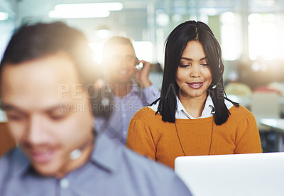 Buy stock photo Professional, consultant and woman coworking in call center and networking in customer care service. Happy, employees and crm office worker helping with technical support, chat and team in startup