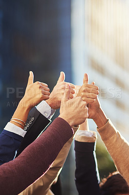Buy stock photo Group, business and people with hands for thumbs up in outdoor for agreement with teamwork or collaboration on success. Professional, staff and sign for achievement with solidarity or support of goal