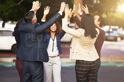 Buy stock photo Business, people and group with hands for high five in outdoor for agreement with teamwork or collaboration on success. Professional, staff and sign for achievement with solidarity or support of goal