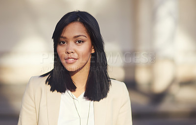 Buy stock photo Outdoor, portrait and business woman with pride for opportunity, professional or creative career as journalist. Profession, journalism or female content writer with smile, vision and news ideas