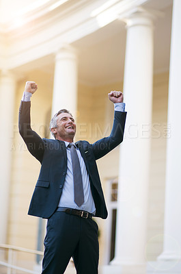 Buy stock photo Mature, businessman and fist pump in city for success or celebration for business growth or victory and competition winner. Entrepreneur, outdoor and happy for bonus, financial reward or achievement.