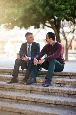 Buy stock photo Lawyers, outdoors and steps in city for brainstorm, meeting and together for strategy in Australia. Businessmen, smiling and discussion for success in company, court case and business in urban town
