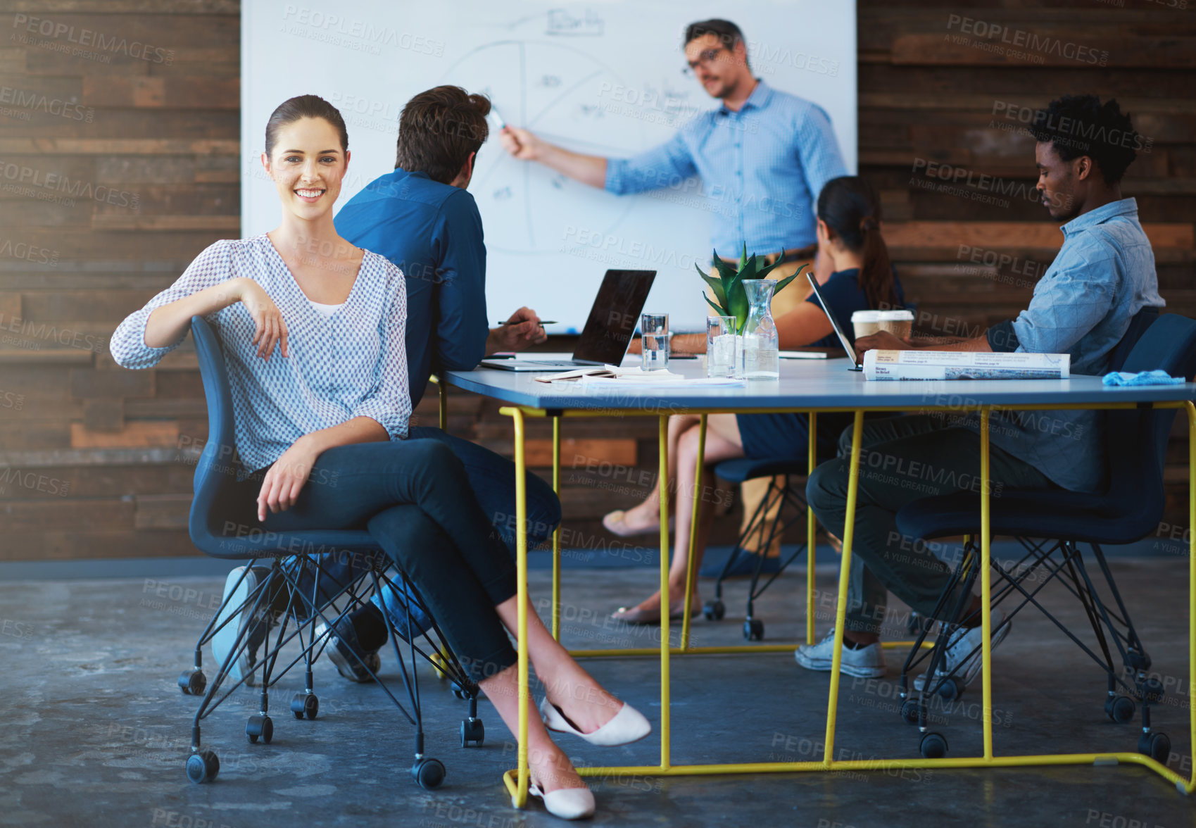 Buy stock photo Project meeting, employee portrait and happy woman listening to speaker presentation, report or sales growth plan. Cooperation, smile and office people, group or team work on franchise development