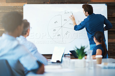Buy stock photo Data review, businessman with a graph on a whiteboard and in boardroom of his workplace with colleagues. Collaboration or teamwork, planning or results and coworkers together at a workshop at work
