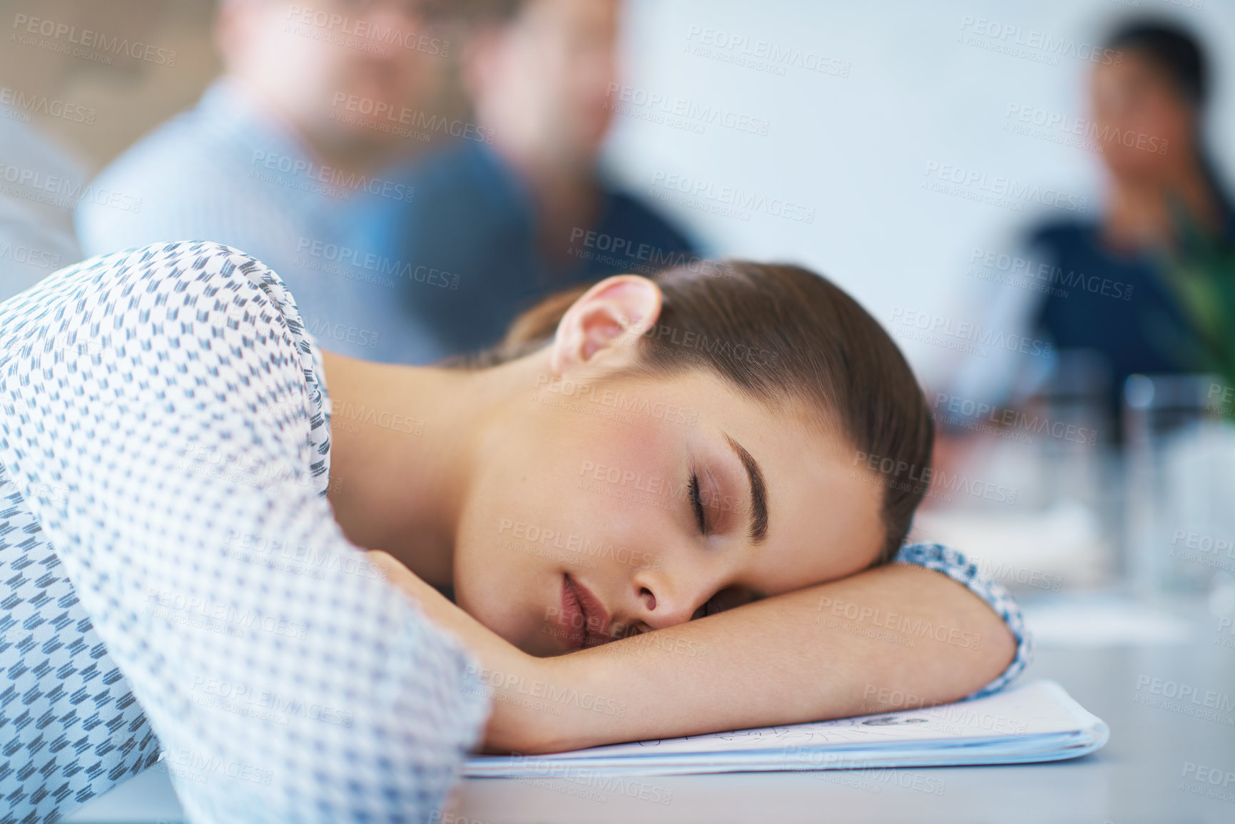 Buy stock photo Business meeting, sleep and woman tired, fatigue and exhausted after overtime, corporate work or project deadline. Dream, insomnia and sleeping person with mental health problem, crisis or burnout