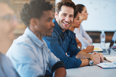 Buy stock photo Portrait, happy and a business man in the boardroom with his team during a meeting for planning. Smile, strategy or collaboration with a male employee and colleagues in the office for a seminar