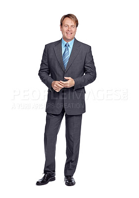 Buy stock photo Studio portrait, businessman and smile with suit, focus or success in leadership by white background. Happy corporate leader, motivation or isolated for executive goal, mission or professional vision