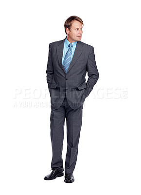 Buy stock photo Style, business and mature man in a studio with a luxury, classy and stylish suit outfit. Fashion, corporate and male model from Australia with fancy and elegant clothes isolated by white background.