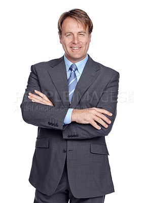 Buy stock photo Businessman, studio portrait and suit with arms crossed, smile or leadership success by white background. Happy corporate leader, focus and isolated for executive goal, mission or professional vision