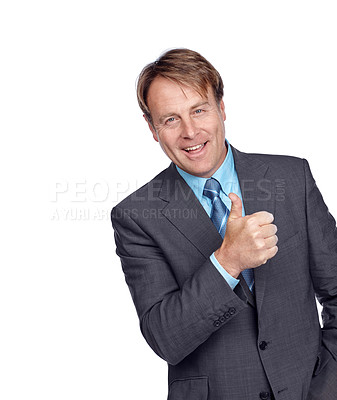 Buy stock photo Studio portrait, businessman and thumbs up with suit, focus or smile in leadership by white background. Happy corporate leader, motivation and isolated for success, mission and professional vision