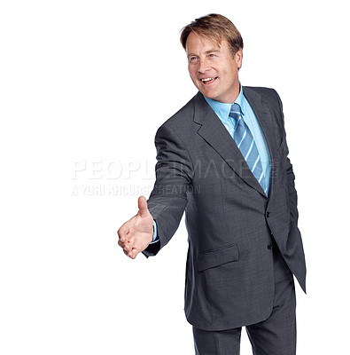 Buy stock photo Businessman, handshake and suit with smile in studio for focus, deal and leadership by white background. Happy corporate leader, recruitment or isolated for shaking hands, welcome and company vision