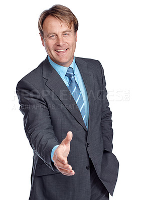 Buy stock photo Studio portrait, businessman and hand shake with suit, focus and deal in leadership by white background. Happy corporate leader, motivation or isolated for shaking hands, welcome and company vision