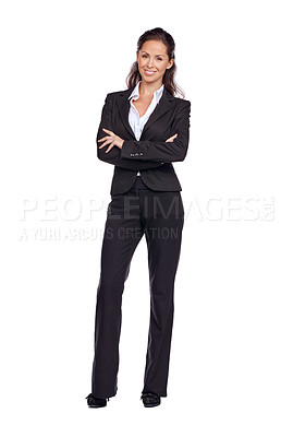 Buy stock photo Fashion, portrait and business woman in studio with fancy, luxury and stylish classy outfit. Happy, smile and full body of female model with elegant and corporate clothes isolated by white background